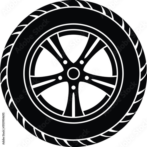 Black and white car tire with spokes and tread pattern