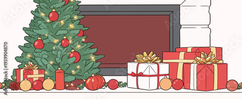 A Christmas tree stands beside a fireplace with bright lights, ornaments, and colorful gifts wrapped in paper.
