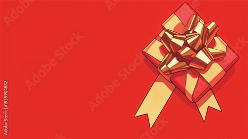 A red gift box with a shiny golden ribbon sits on a bright red background, ready for a celebration or special occasion.
