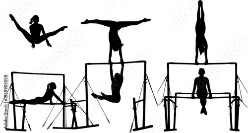 girl gymnast exercise on uneven bars gymnastics black silhouette