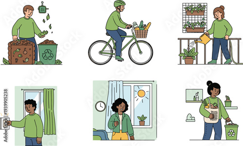Sustainable lifestyle activities collection with recycling composting cycling gardening saving energy and eco shopping environmental friendly daily habits illustration