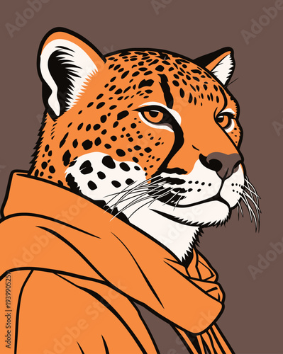A leopard with a scarf looks to the side on a brown background in a colorful graphic design. The leopard has bold patterns.