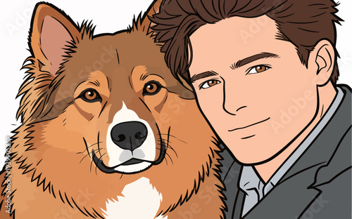 A young man and his dog sit closely together in a friendly manner. The scene takes place indoors and shows joy and companionship.