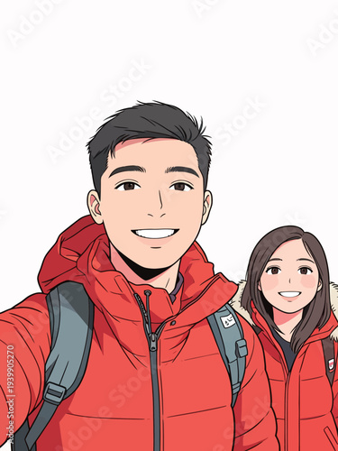 Two people pose for a selfie in red jackets, smiling and enjoying their time together in a winter environment.