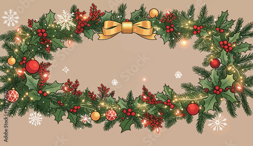 A Christmas wreath is shown with holly berries, pine leaves, and lights. It features red and gold decorations in a festive style.