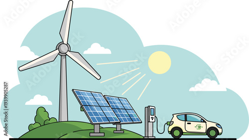 Renewable energy landscape with wind turbine solar panels and electric car charging station sustainable green power technology illustration