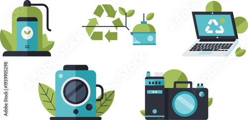 Eco friendly technology and recycling devices collection with sustainable electronics green energy appliances environmental innovation illustration design elements