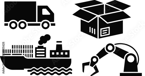 Black and white of truck shipping container ship and robot arm