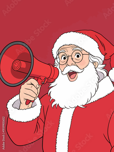 Santa stands with a red megaphone and smiles widely, spreading joy and cheer during the festive holiday season.
