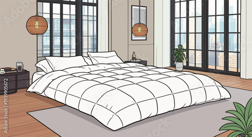 A bright bedroom features a large bed with a white comforter. Windows showcase a city view. Green plants add life to the room.