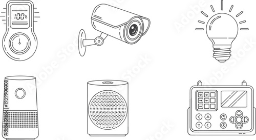 Smart home device line icons set with thermostat security camera light bulb speaker air purifier and remote control