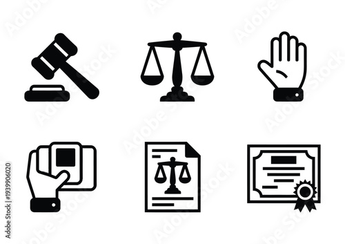 Vector set of legal icons depicting law and justice symbols in bold black colors