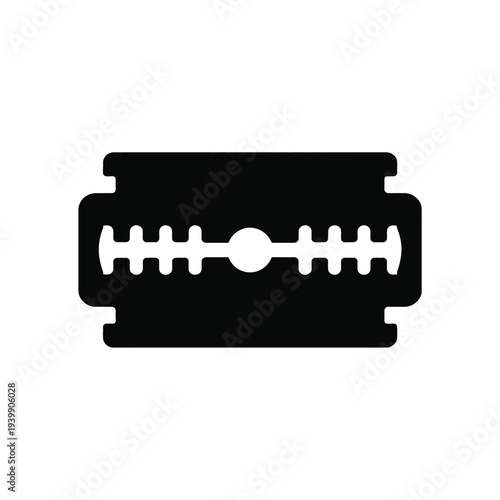 Black and white razor blade with serrated edge and central hole