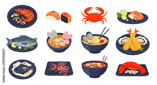 Set of Seafood Dishes and Asian Cuisine Illustrations with Shrimp, Fish, Sushi, Crab, Lobster, and Noodle Soup Isolated on White Background