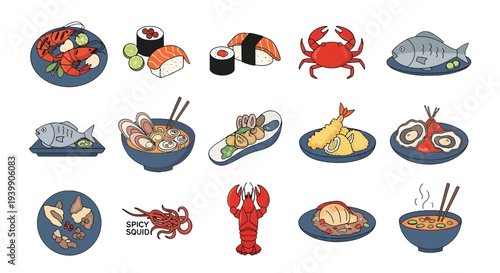 Collection of Seafood and Japanese Cuisine Illustrations, Sushi, Ramen, Shrimp, Crab, Lobster, and Asian Food Dishes Isolated on White