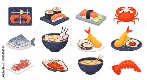 Set of Delicious Seafood and Japanese Cuisine Illustrations Featuring Sushi, Ramen, Shrimp Tempura, Crab, and Grilled Fish Isolated on White Background
