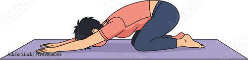 Child pose yoga illustration woman practicing Balasana stretch on mat relaxing mindfulness exercise for flexibility wellness and calm