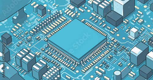 A close-up view of a circuit board shows a large central processor among smaller components in a digital layout.
