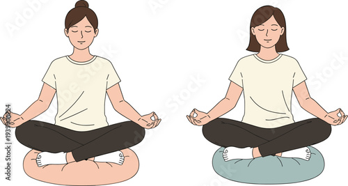 Women meditating in lotus pose illustration mindfulness yoga practice calm relaxation breathing exercise wellness lifestyle vector characters