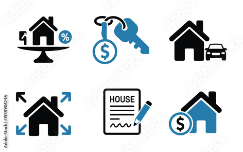 Vector icons depicting real estate operations and financial transactions