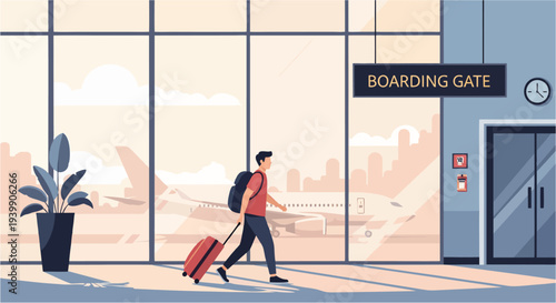 Businessman Walking Through Airport Terminal with Red Suitcase