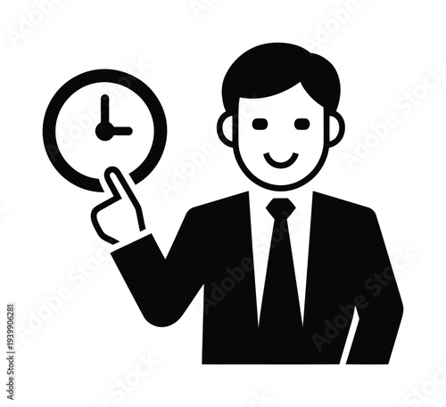 Smiling man in a suit pointing to a clock in a vector