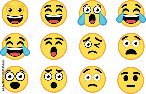 Emoji faces set with happy laughing crying surprised wink and sad expressions colorful emoticon collection vector illustration