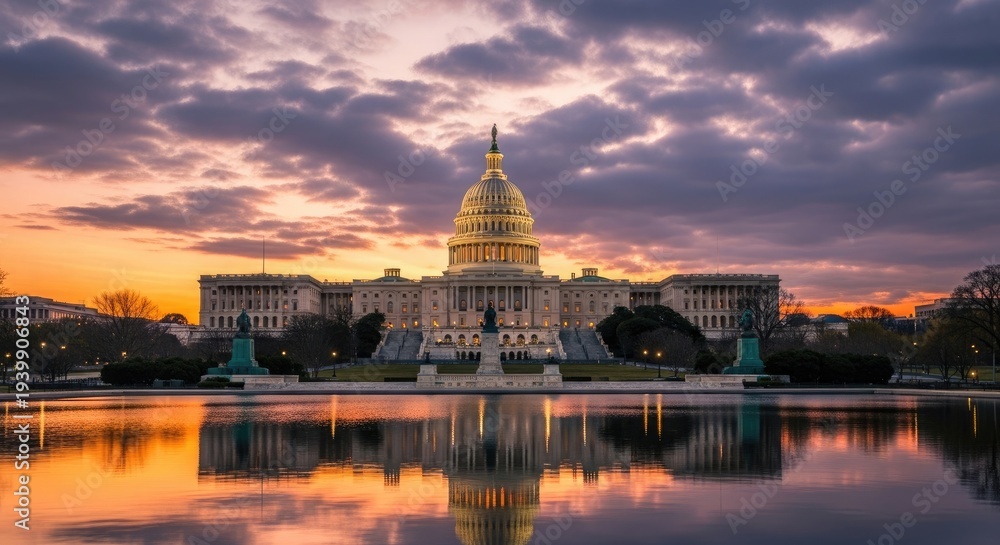 Obraz premium Sunset over a majestic government building with a large body of water in the foreground