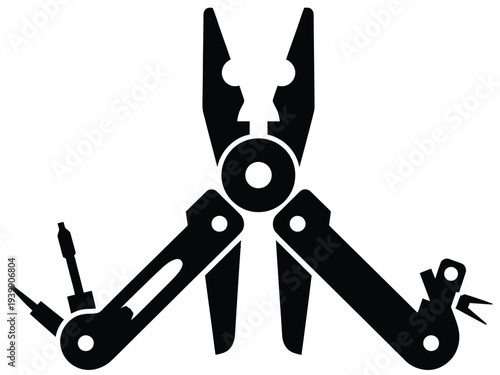 Black and white silhouette of a multi-tool with pliers and screwdrivers 1