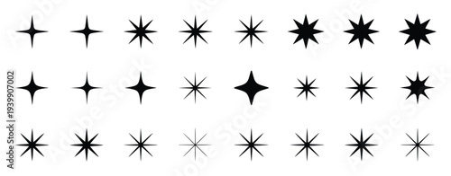 A collection of 20 black star and sparkle symbols stars