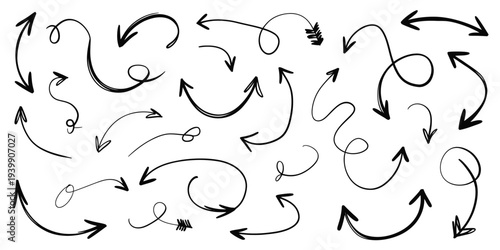 A collection of hand drawn black arrows with loops and curves