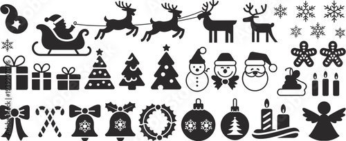 A collection of black and white christmas-themed and symbols