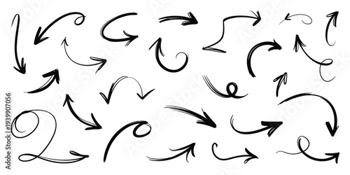 A collection of hand drawn black arrows with various shapes and directions
