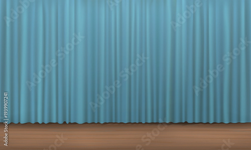 Blue curtain with wood floor. Blue curtain background. Curtain backdrop vector.