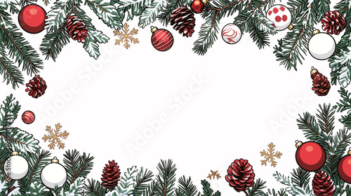 Pine branches with red and white ornaments and snowflakes create a festive border. The design is suitable for seasonal events and greetings.