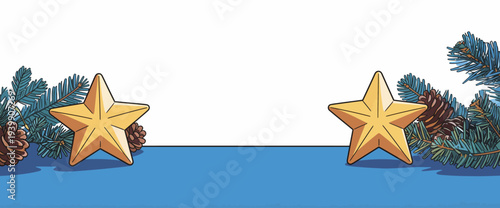 Two golden stars sit beside green pine branches and pine cones on a blue table. The setting is festive for winter celebrations.