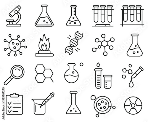 chemistry lab icons set, large collection of diagrammatic science symbols with assorted experiments glassware molecules beakers flasks test tubes microscope atom structures isolated on white backgroun