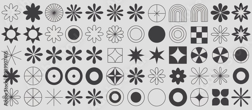 Black and white geometric pattern reference sheet with various shapes and