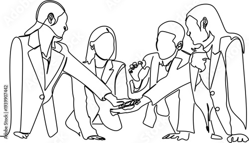 Continuous line drawing of business team stacking hands for unity and cooperation