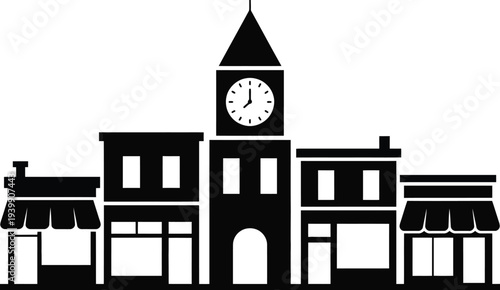 Black and white silhouette of a town with a clock tower and shops