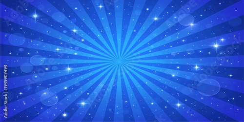 A bright blue abstract vector illustration featuring a glowing space design with a shiny star burst and energy rays shining across a dark night sky wallpaper