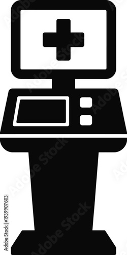 Black and white minimalist of a medical kiosk with a screen and buttons
