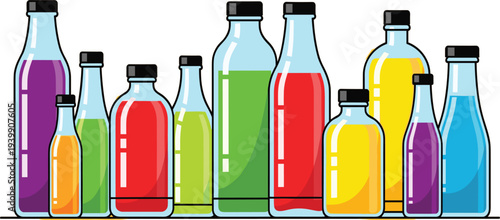 Colorful Juice Bottle Collection Vector Illustration with Assorted Fruit Drink Bottles and Soft Drink Containers for Beverage Packaging Design