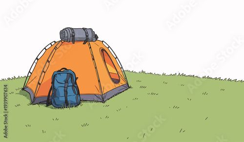 A bright orange tent is pitched on green grass with a backpack resting next to it, ready for an outdoor adventure.
