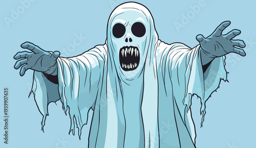 A ghost figure with dark eyes and an open mouth reaches out with its hands in a light blue setting.