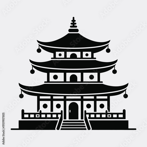 Black and white of a traditional east asian pagoda