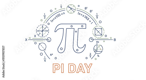 Illustration of Pi Day design with mathematical symbols and equations surrounding the pi symbol on a white background with a mix of blue and orange colors conveying a joyful and educational