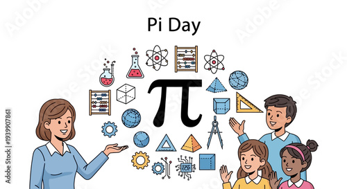 A teacher explains math concepts and Pi Day to students with various geometric shapes and symbols floating around them in an educational setting with a mix of bright colors and a joyful