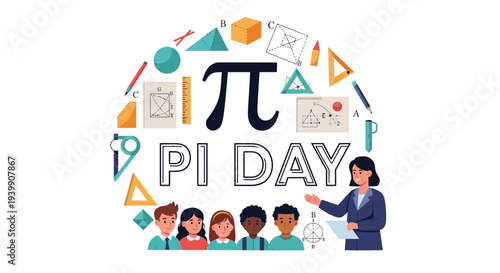 Illustration of a teacher and students celebrating Pi Day with mathematical symbols and geometric shapes in a colorful design.