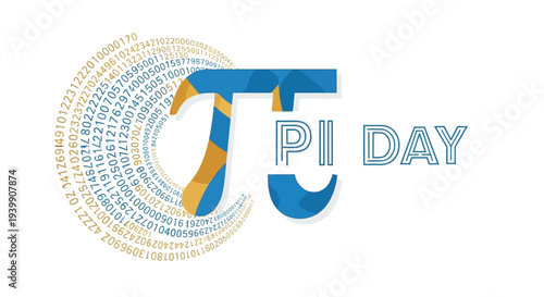 A colorful Pi Day design featuring the mathematical constant pi symbol and digits in a circular pattern on a white background with blue and yellow hues, conveying mathematics awareness.